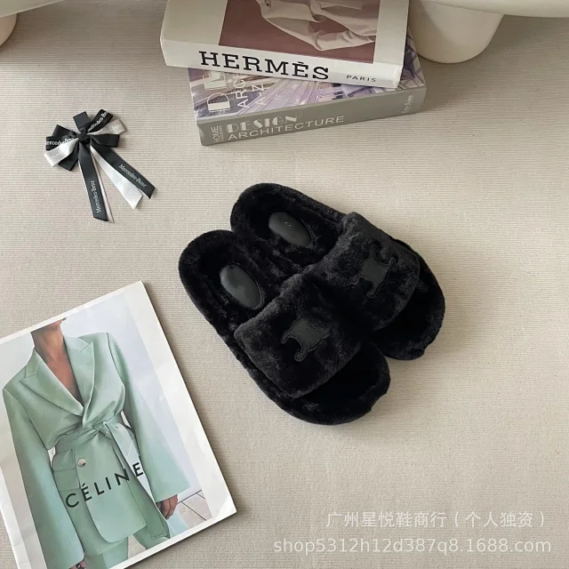 Celine Slippers Faux Fur Triomphe Slide product detail image 3