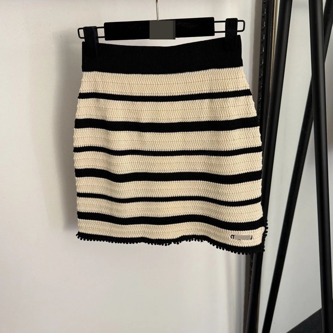 Striped Knit Mini Skirt in Black and Beige - 11