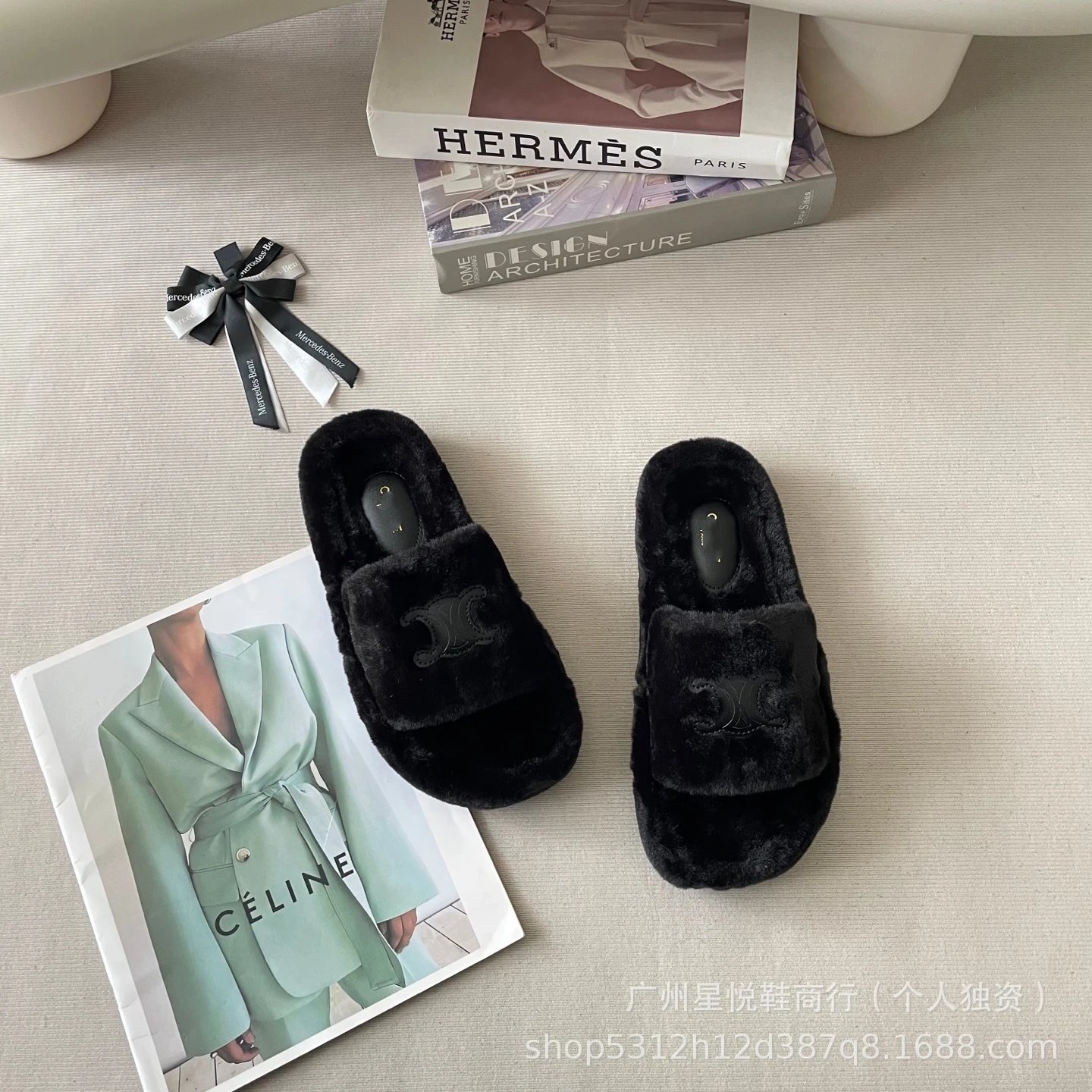 Celine Triomphe Logo Faux Fur Slippers White - 7
