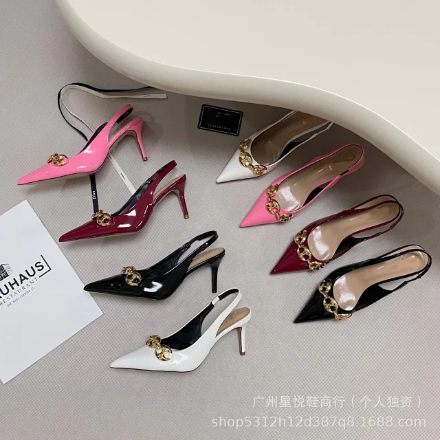 Unbranded High Heels Pointed-Toe Slingback with Gold-Tone Chain Detail product detail image 2