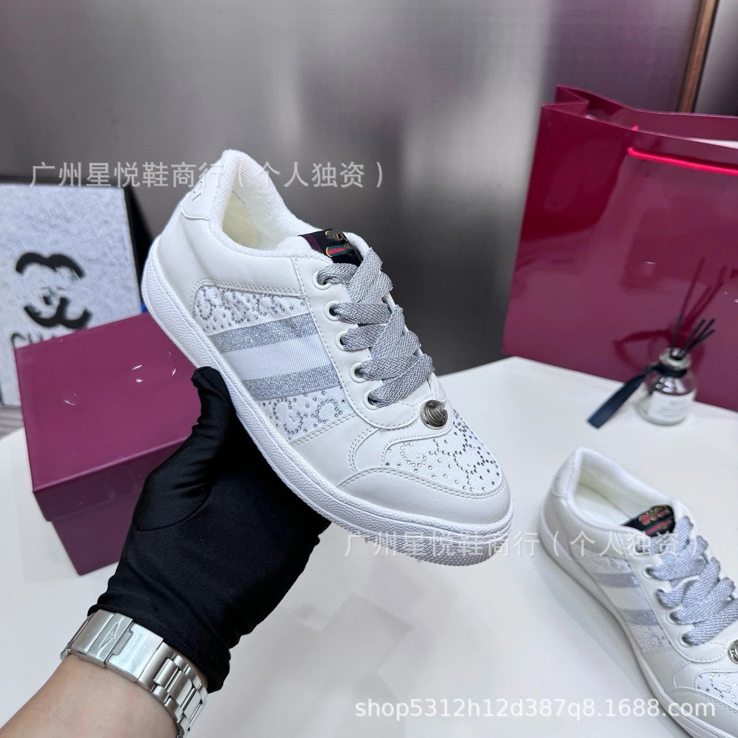 Gucci Ace Embellished Mesh Sneakers Pink and Black - 8