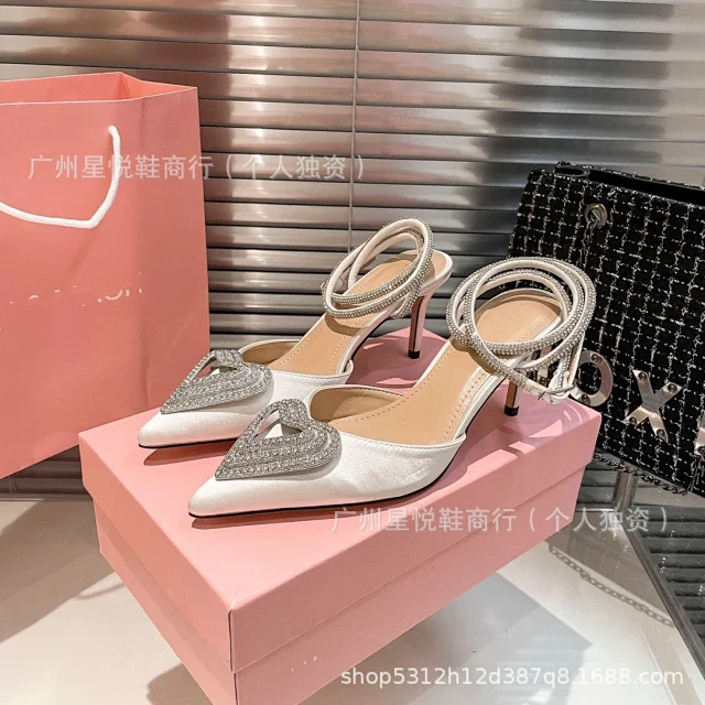 Unbranded High Heels Pointed-Toe Satin Pumps with Rhinestone Heart Detail and Ankle Wrap Straps product detail image 5