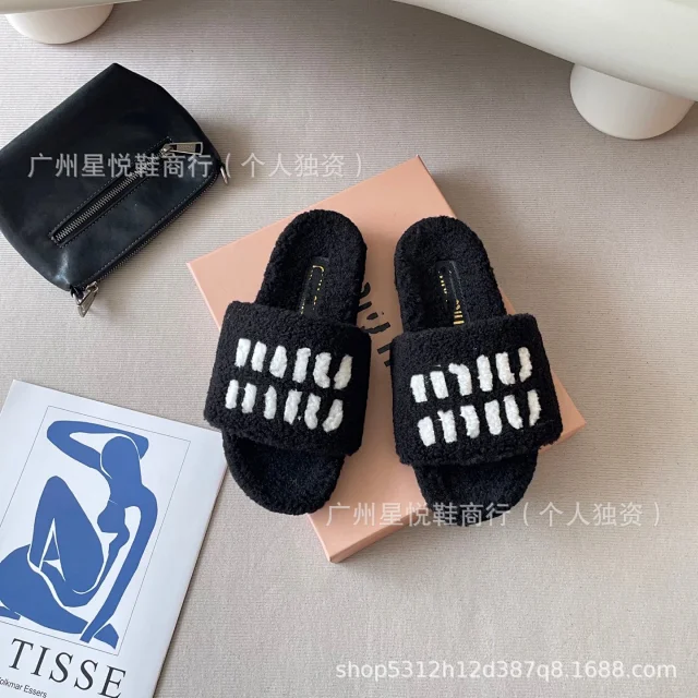 Miu Slippers Shearling Logo Slides product detail image 10