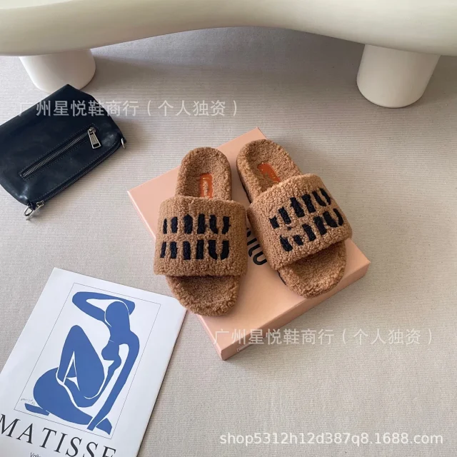 Miu Slippers Shearling Logo Slides product detail image 4