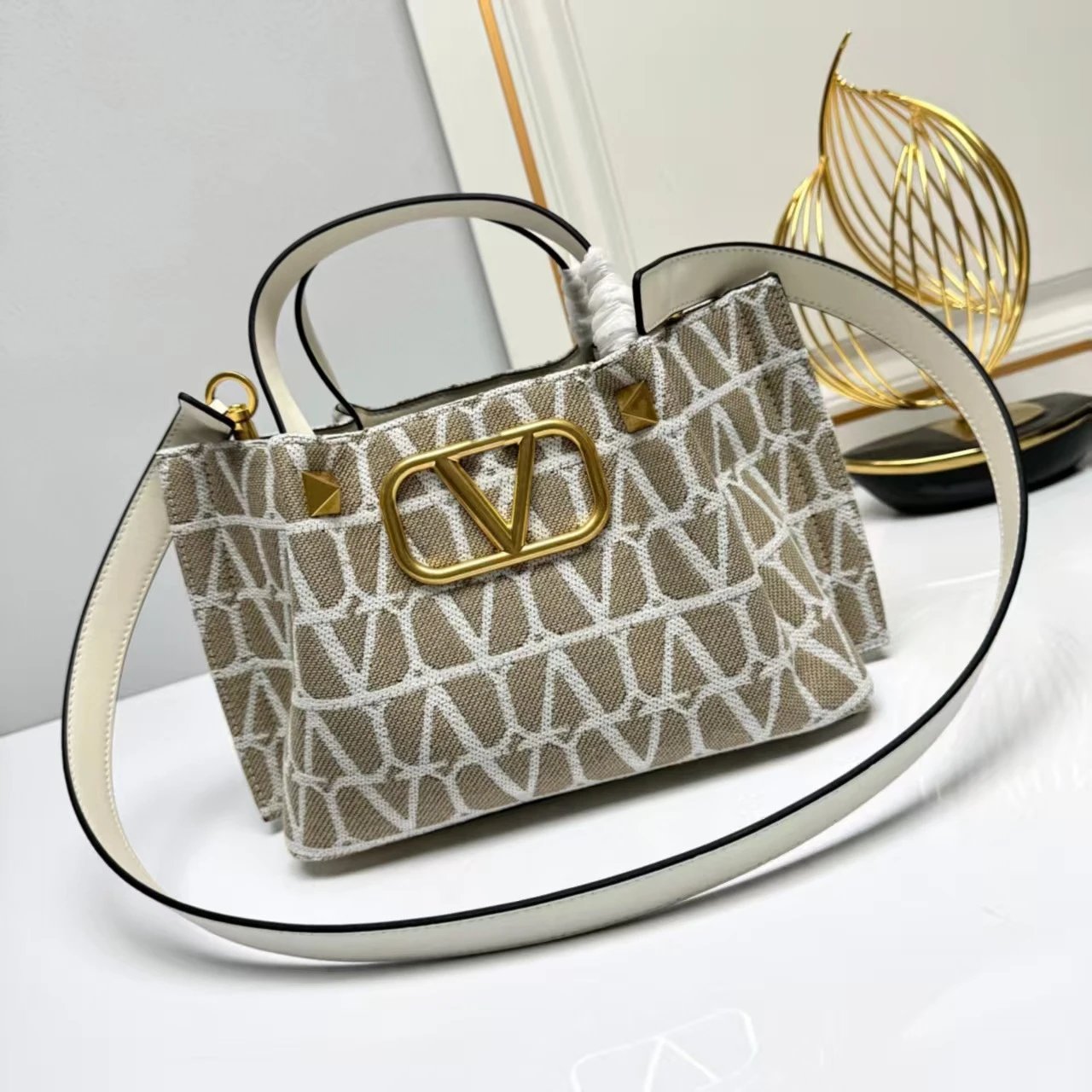 Valentino Garavani VLogo Tote Bag Green Geometric Print Handbag - 5