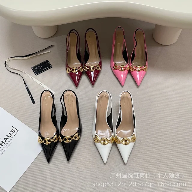 Unbranded High Heels Pointed-Toe Slingback Pumps with Gold Chain Detail product detail image 1