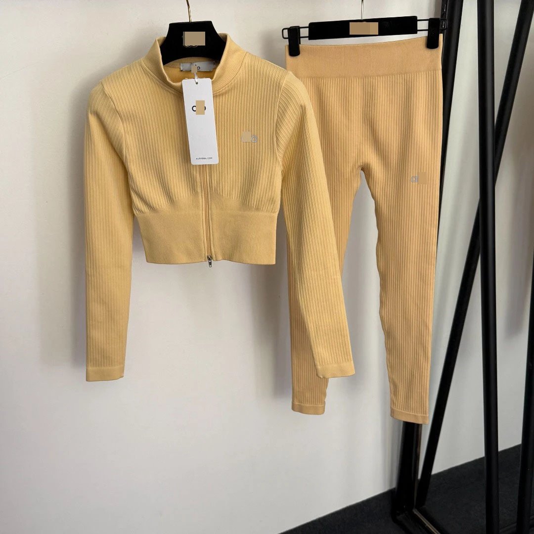 GRA Ribbed Cropped Zip-Up Top and Leggings Set Beige Activewear - 4