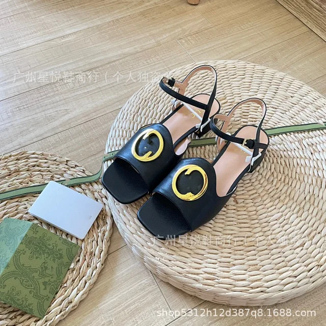 Unbranded Sandals Square-Toe Ankle-Strap with Gold-Tone Round Buckle product detail image 7