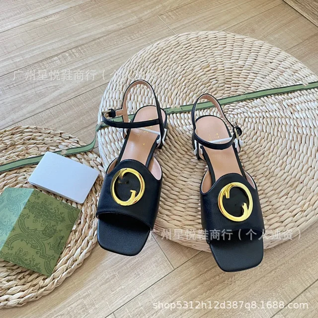 Unbranded Sandals Square-Toe Ankle-Strap with Gold-Tone Round Buckle product detail image 17