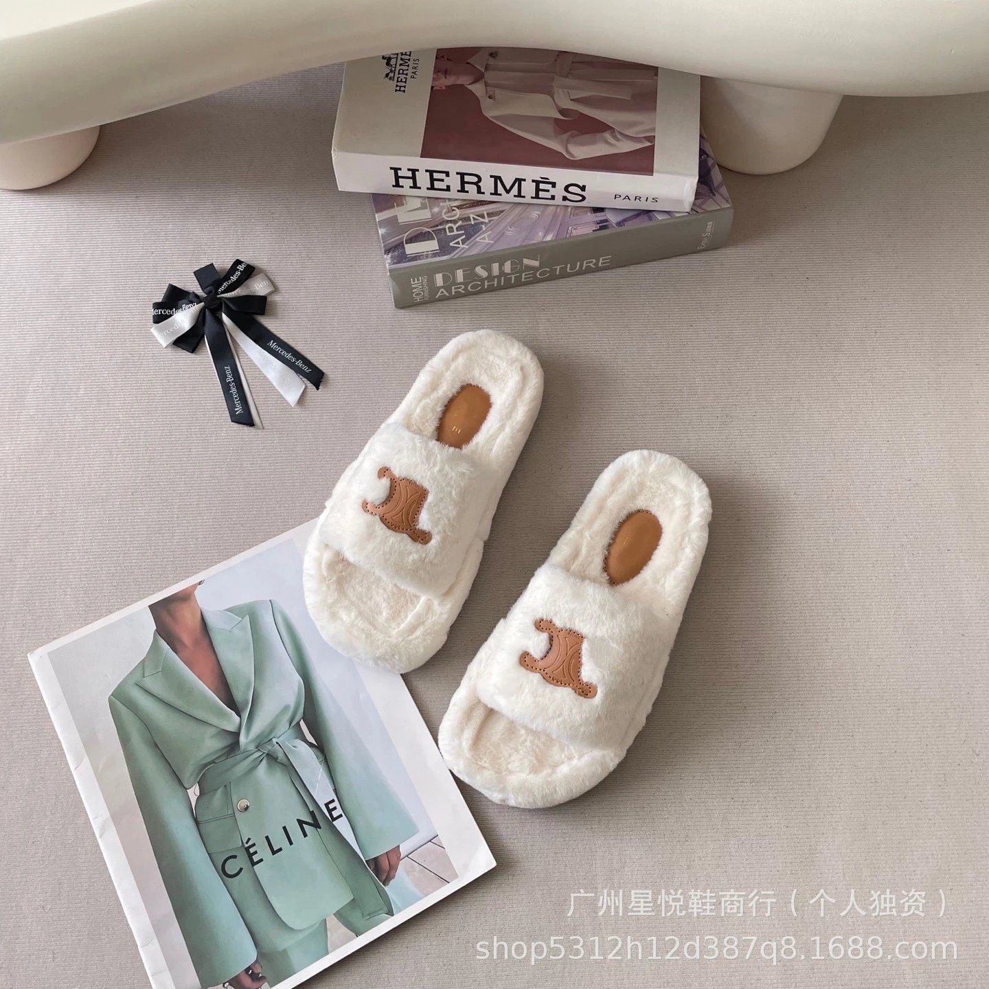 Celine Triomphe Logo Faux Fur Slippers White - 11