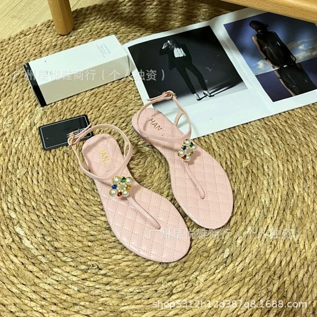 Unbranded Sandals Ankle-Strap Thong with Quilted Footbed and Pearl Flower Embellishment product detail image 7