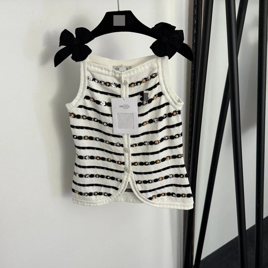 Chanel Striped Embellished Knit Vest Top White/Black - 4