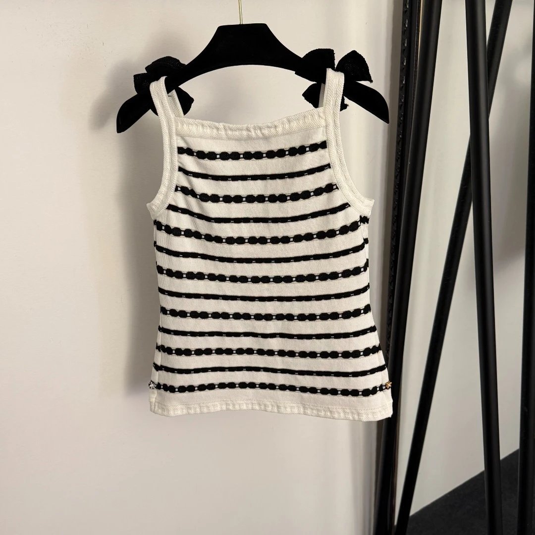 Chanel Striped Embellished Knit Vest Top White/Black - 5