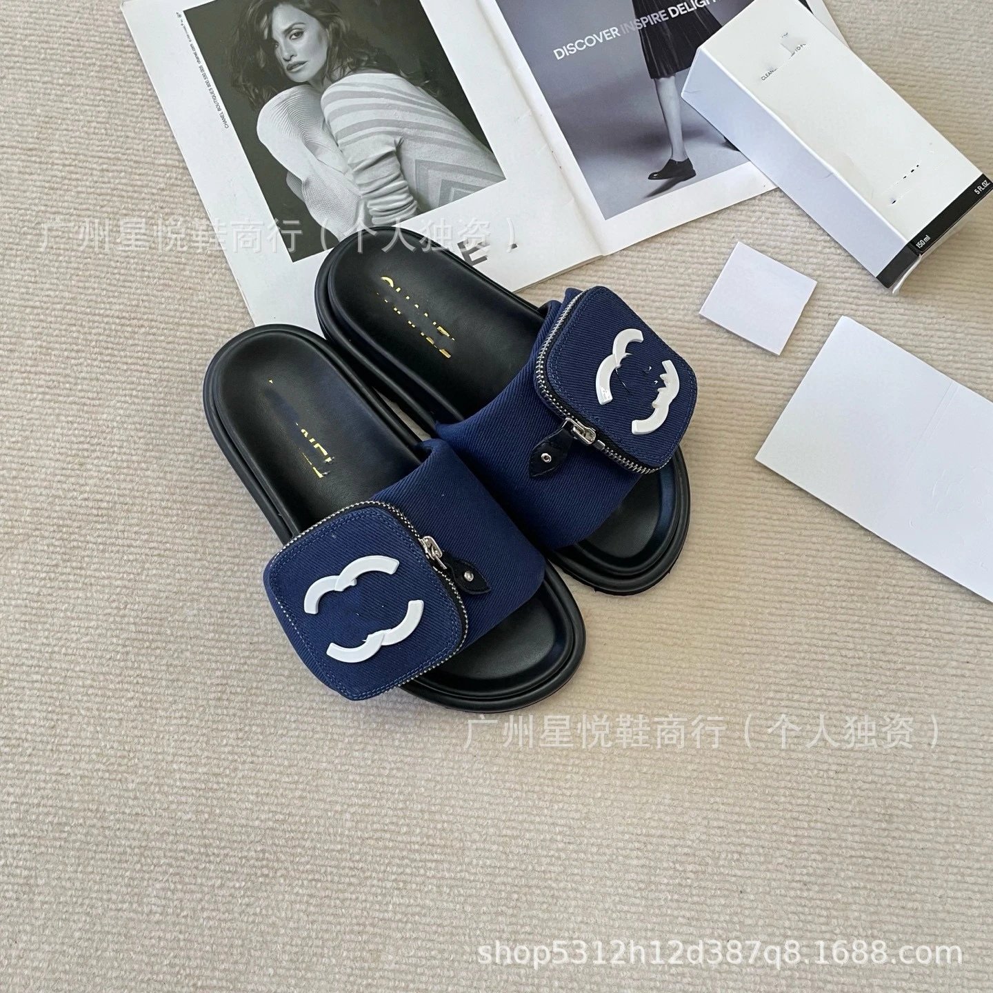 Chanel Denim Logo Slider Sandals Black - 11