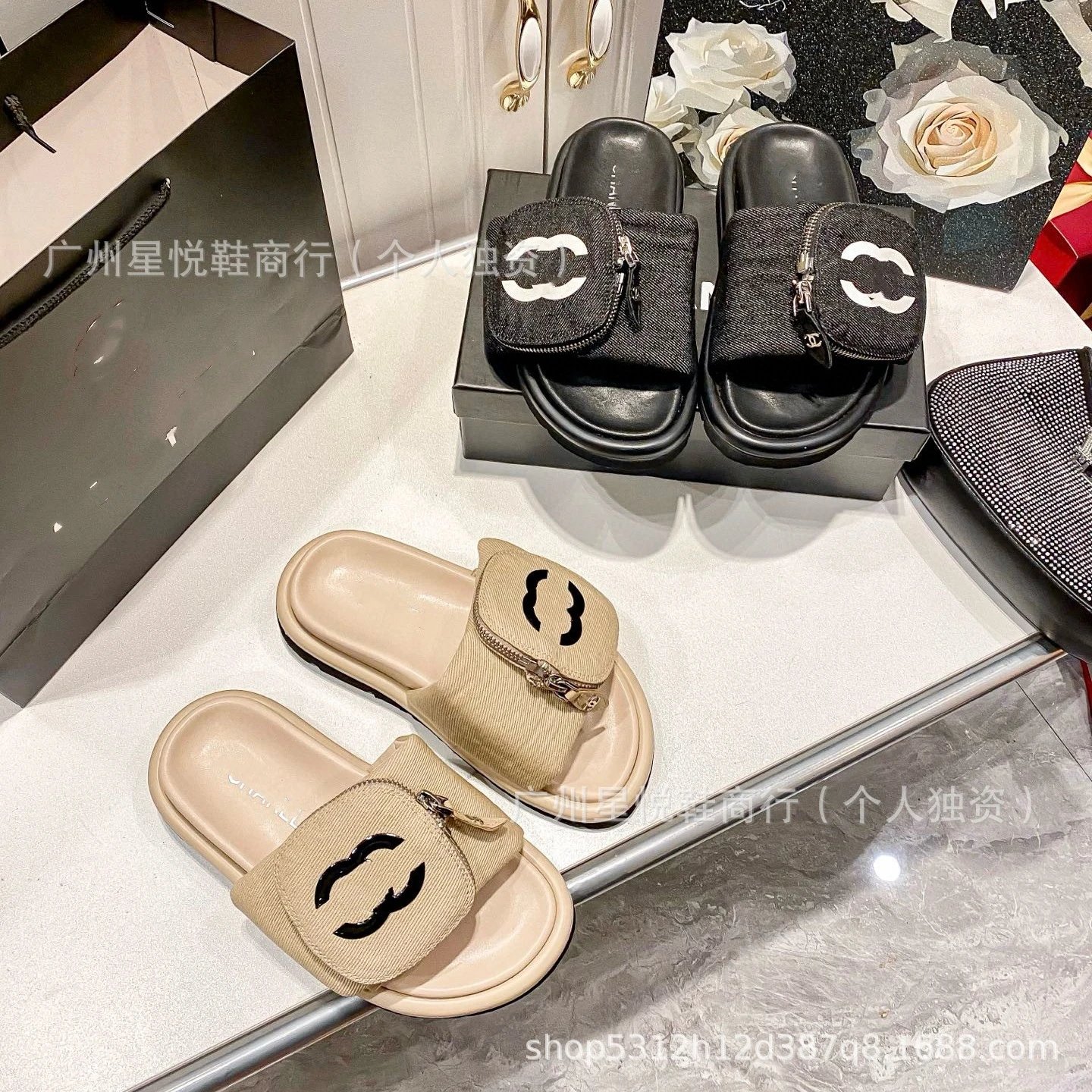 Chanel Denim Logo Slider Sandals Black - 2
