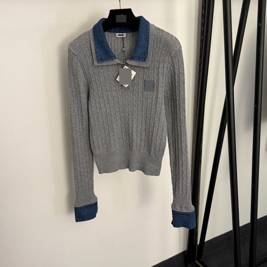 Loewe Cable Knit Denim Collar Polo Sweater in Cream and Navy - 4