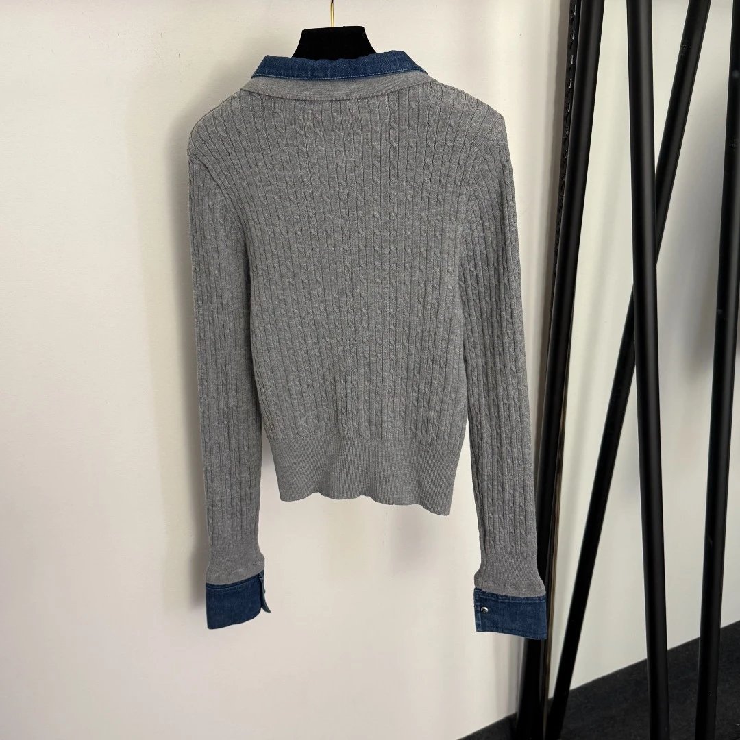 Loewe Cable Knit Denim Collar Polo Sweater in Cream and Navy - 5