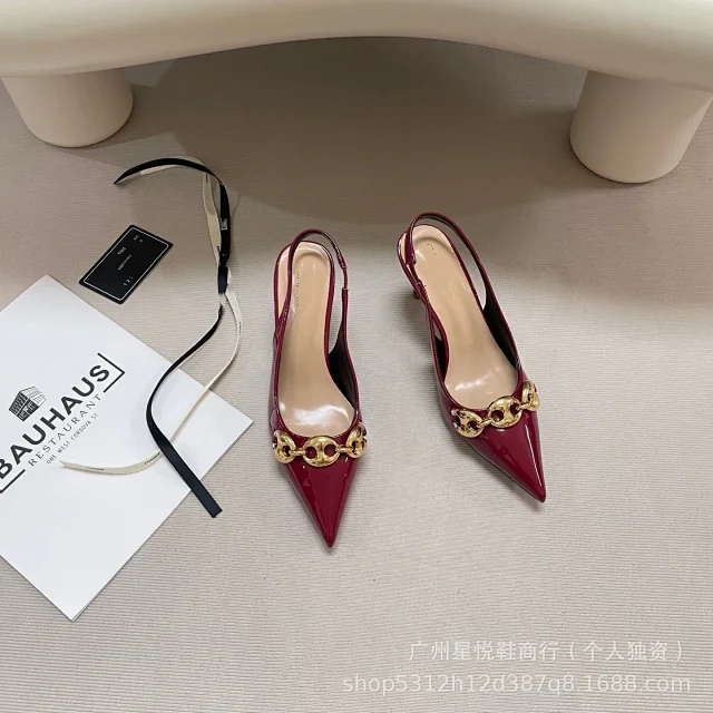 Unbranded High Heels Pointed-Toe Slingback Pumps with Gold Chain Detail product detail image 3