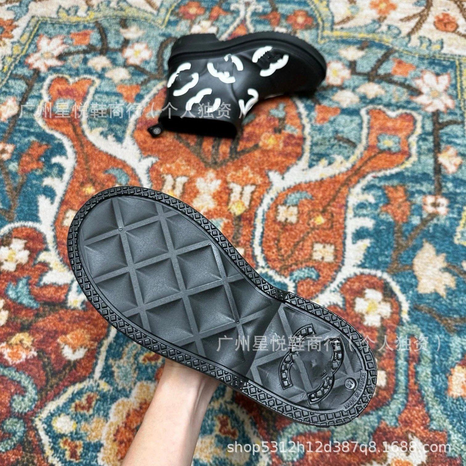 Chanel Rain Boots Black with White CC Logo Print Ankle Boots - 2