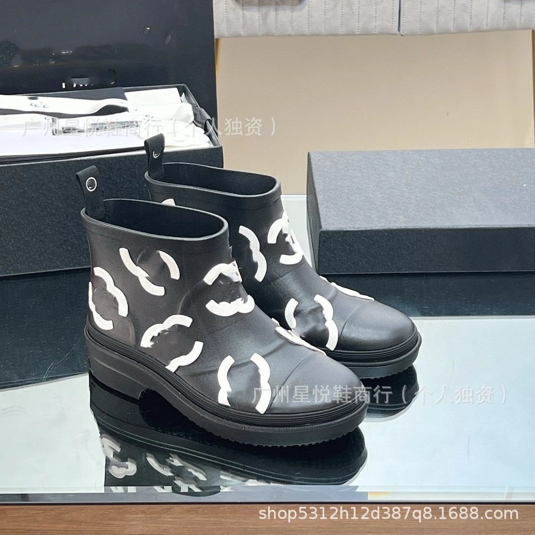 Chanel Rain Boots Black with White CC Logo Print Ankle Boots - 11