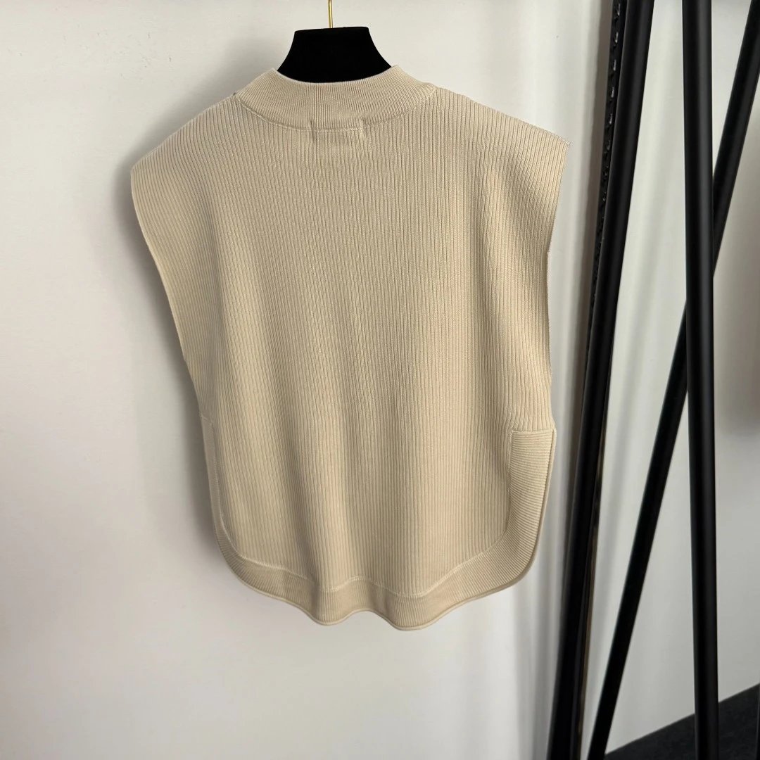 Design Ribbed Knit Two-Piece Set Beige Vest Top and Wide-Leg Pants - 9