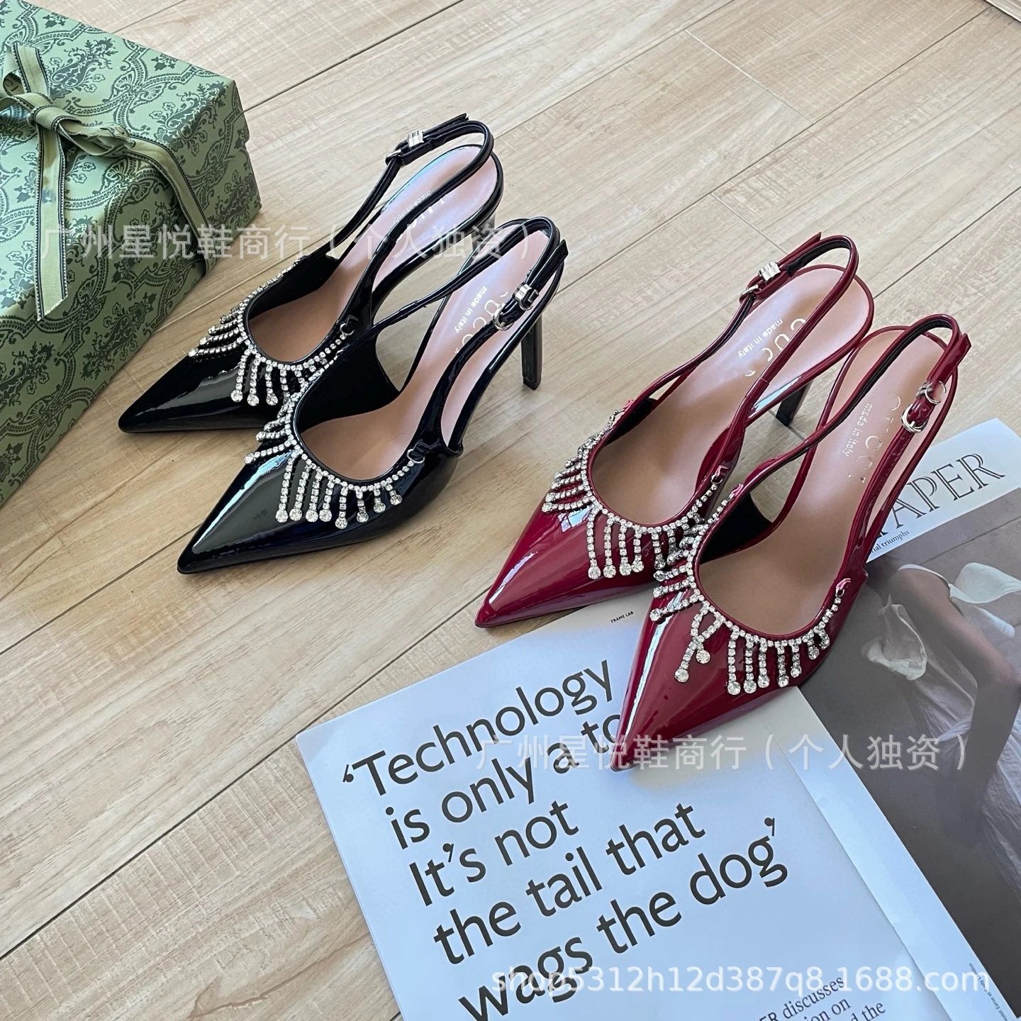 Gucci Marmont Crystal-Embellished Burgundy Patent Leather Slingback Stilettos - 4