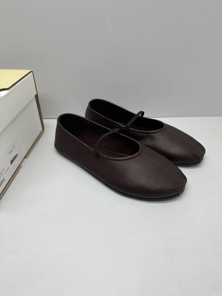 Brown Leather Mary Jane Flat Shoes - 3