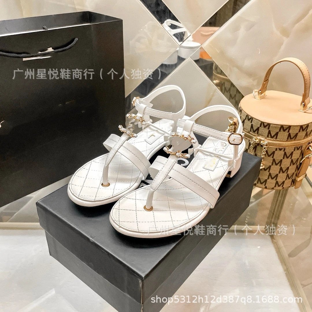 Chanel CC Logo Quilted White Thong Sandals - 7