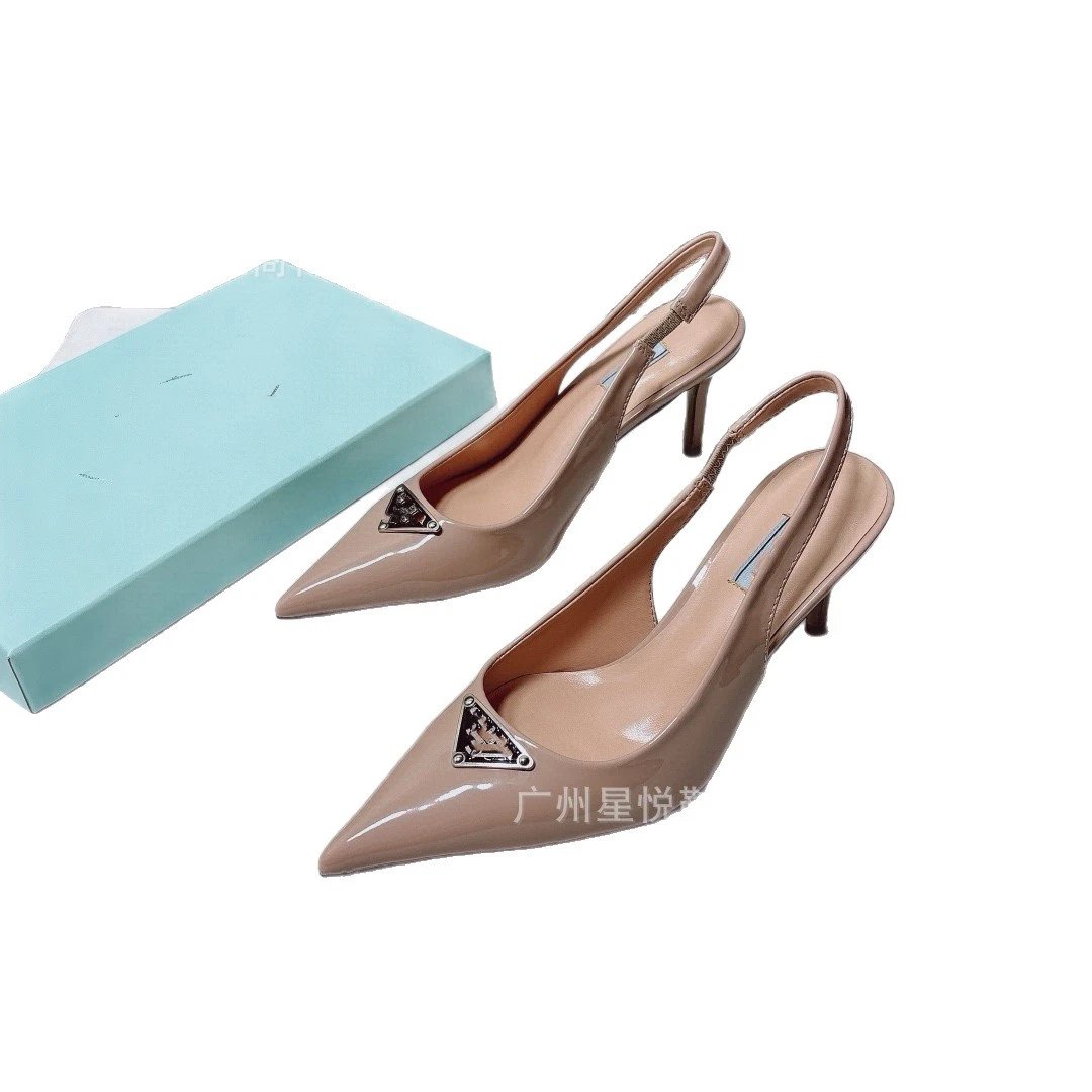 Prada High Heels Patent Leather Pointed-Toe Triangle-Plaque Slingback image 5