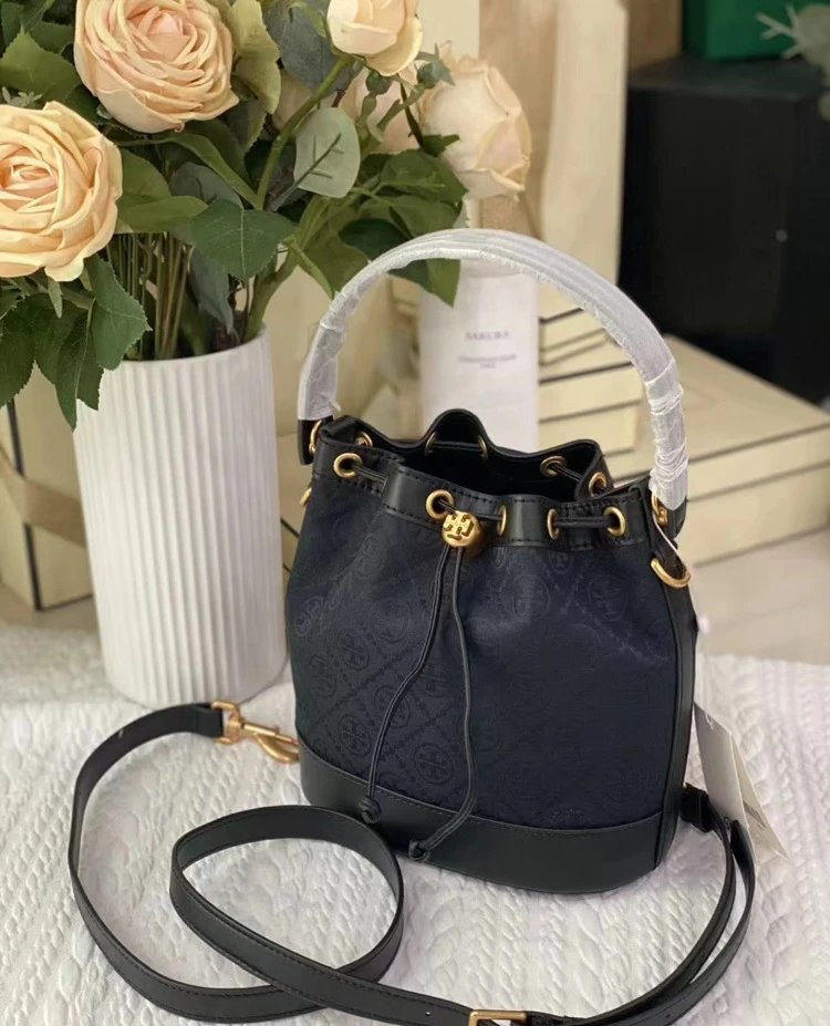 Tory Burch Miller Bucket Bag Beige Brown Monogram Handbag - 13