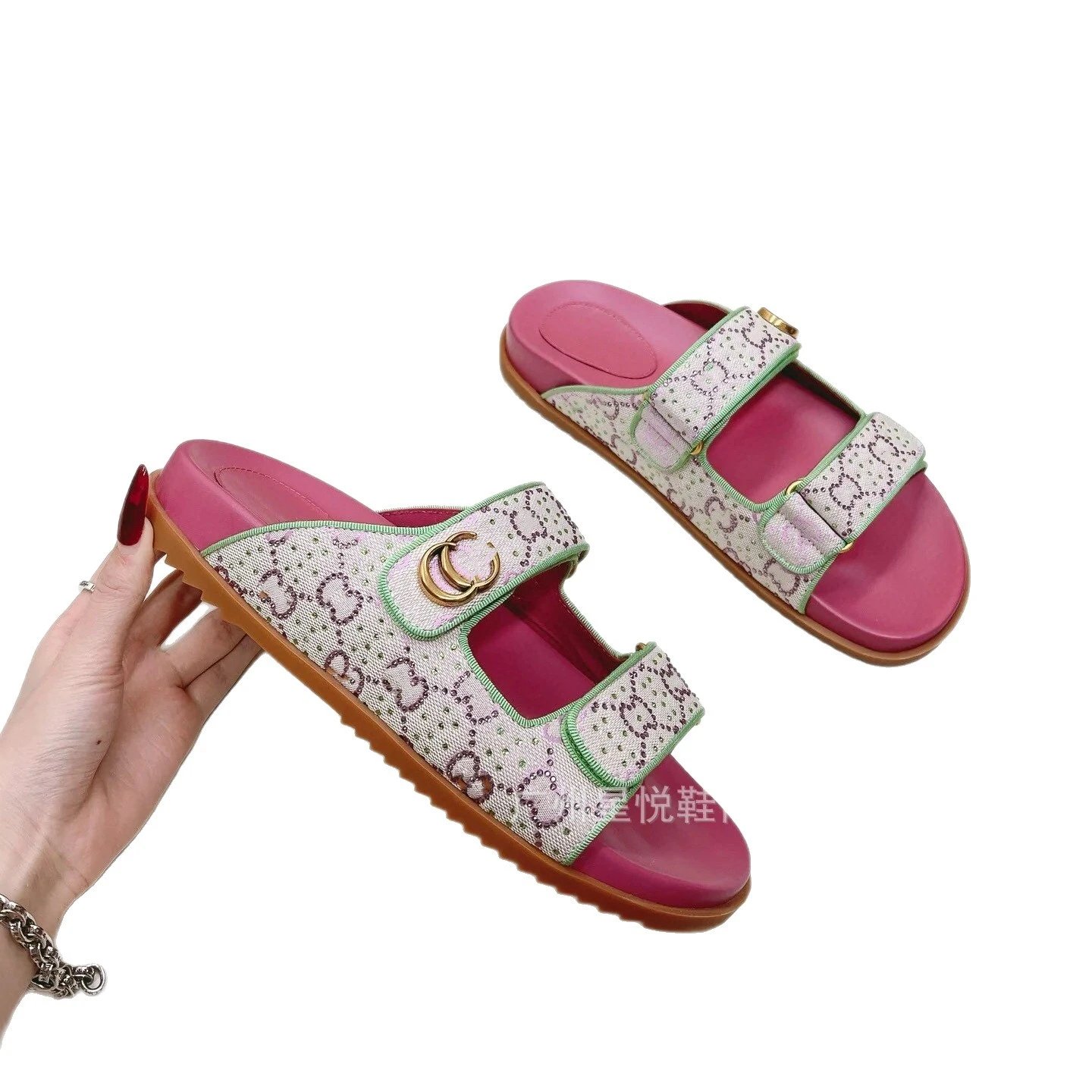 Gucci Sandals Rhinestone Double G Two-Strap Velcro Slide image 5