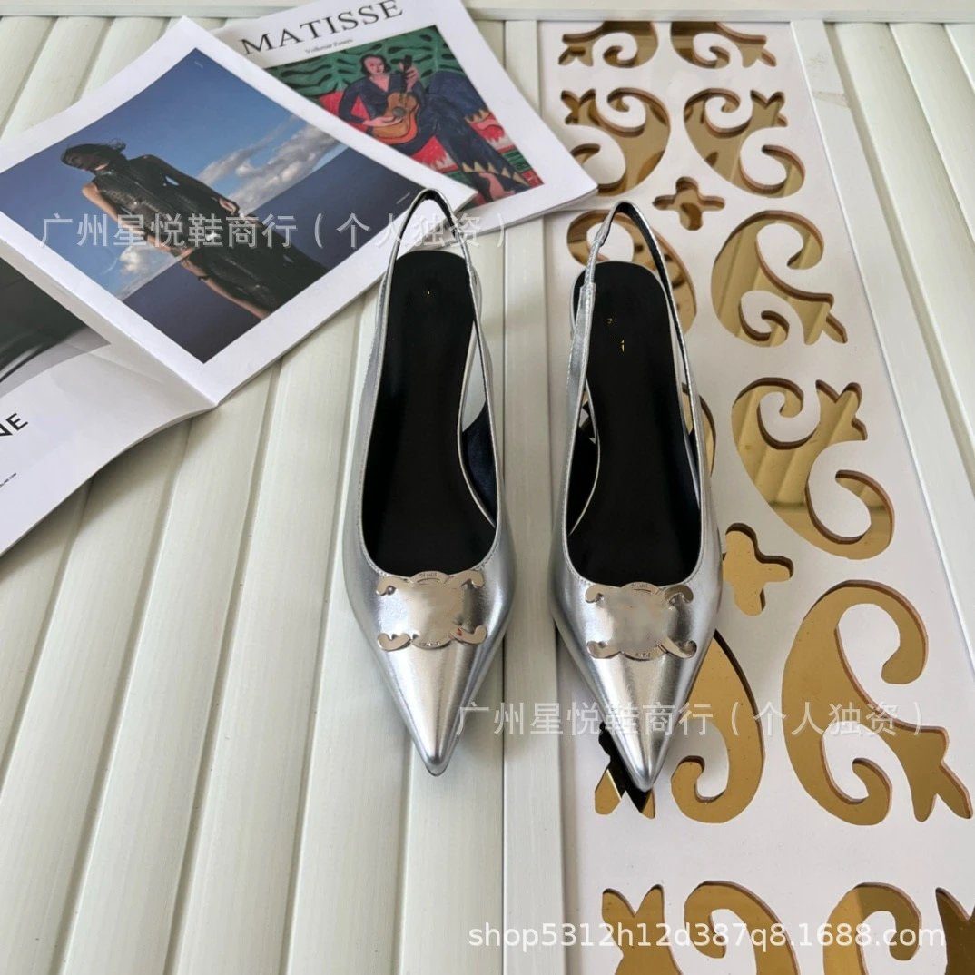 Fendi Kan I Silver Metallic Pointed-Toe Slingback Heels - 15