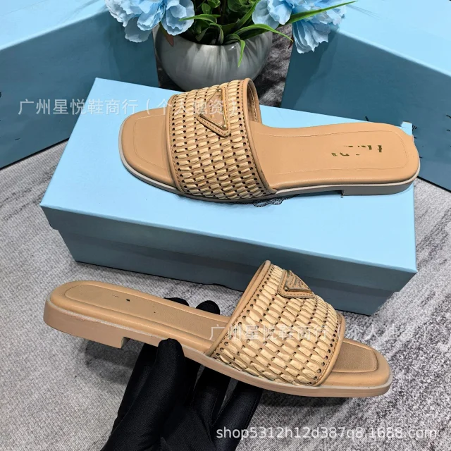 Prada Slippers Woven Strap Triangle Plaque Slide product detail image 7