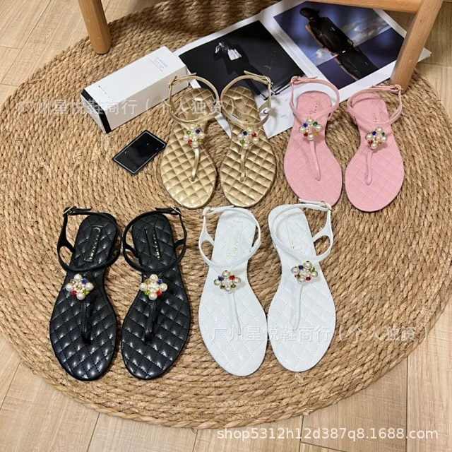 Unbranded Sandals Ankle-Strap Thong with Quilted Footbed and Pearl Flower Embellishment product detail image 1