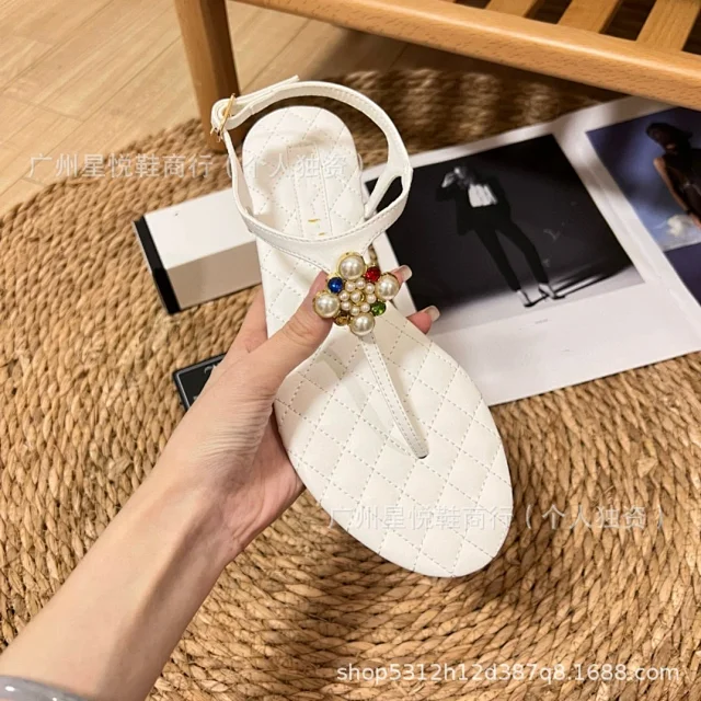 Unbranded Sandals Ankle-Strap Thong with Quilted Footbed and Pearl Flower Embellishment product detail image 16