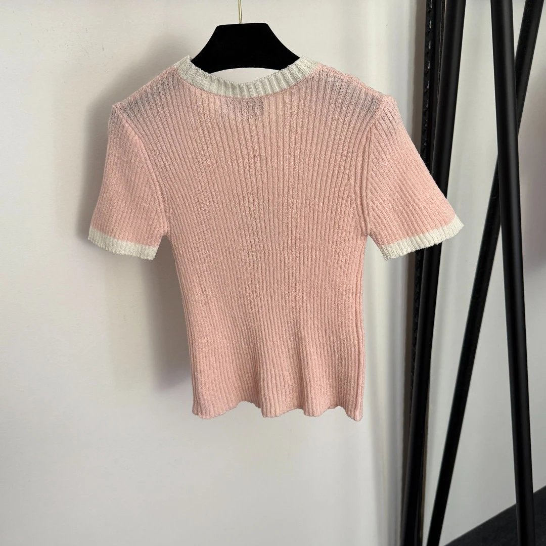 Gucci Ribbed Knit Short-Sleeve Top Pink with Cream Trim - 7