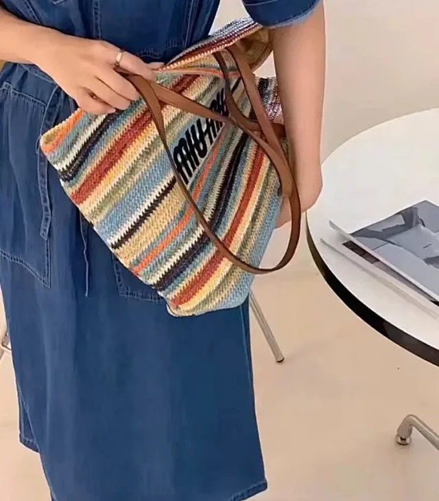 Miu Handbags Woven Striped Tote Bag product detail image 6
