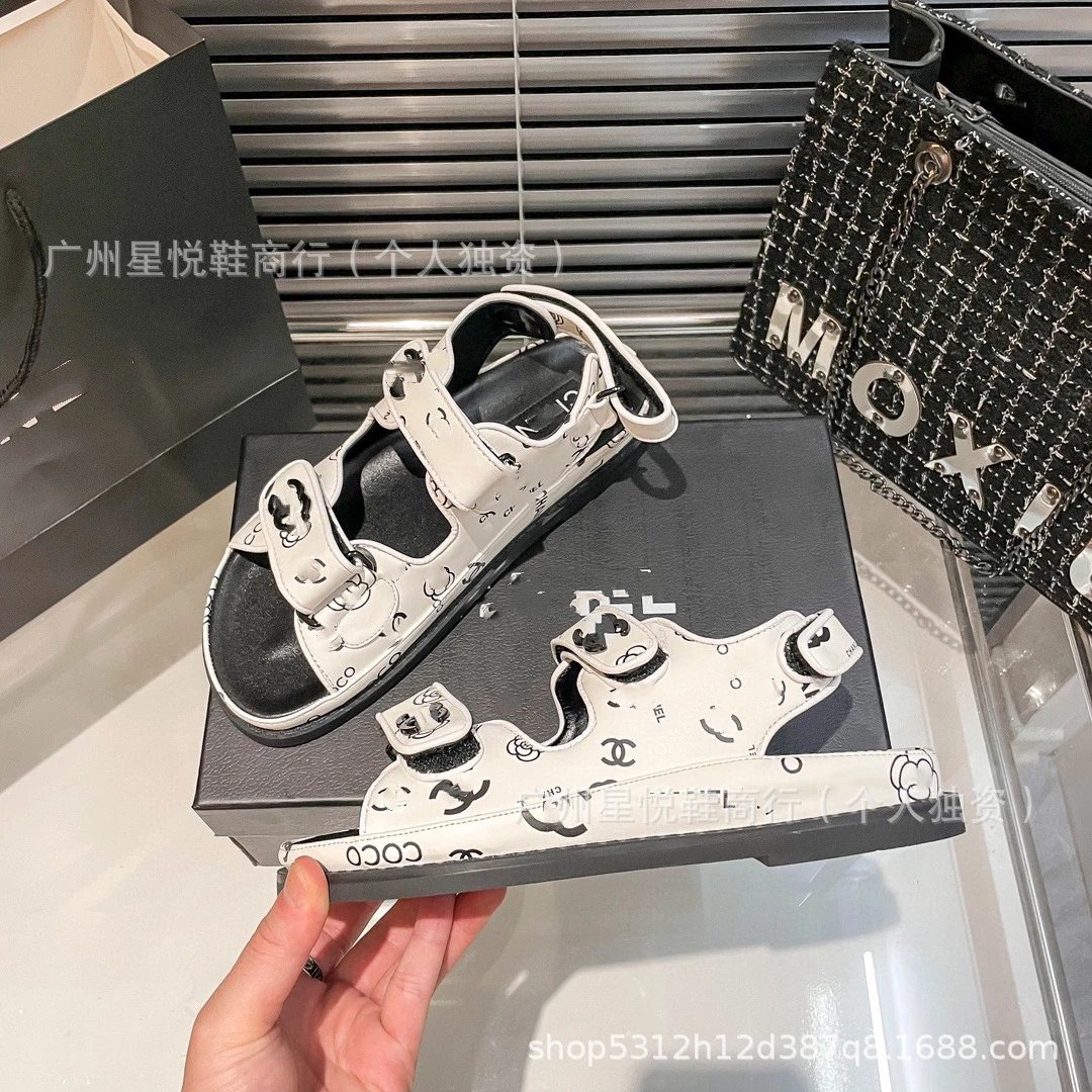 Chanel CC Logo Print White Sandals with Black Sole - 14