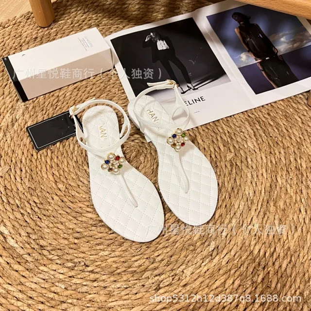Unbranded Sandals Ankle-Strap Thong with Quilted Footbed and Pearl Flower Embellishment product detail image 5