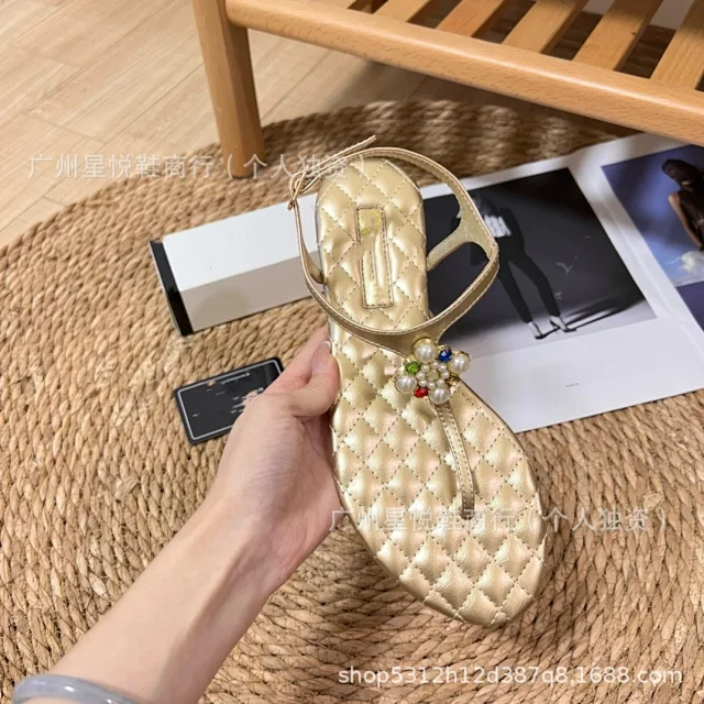 Unbranded Sandals Ankle-Strap Thong with Quilted Footbed and Pearl Flower Embellishment product detail image 14