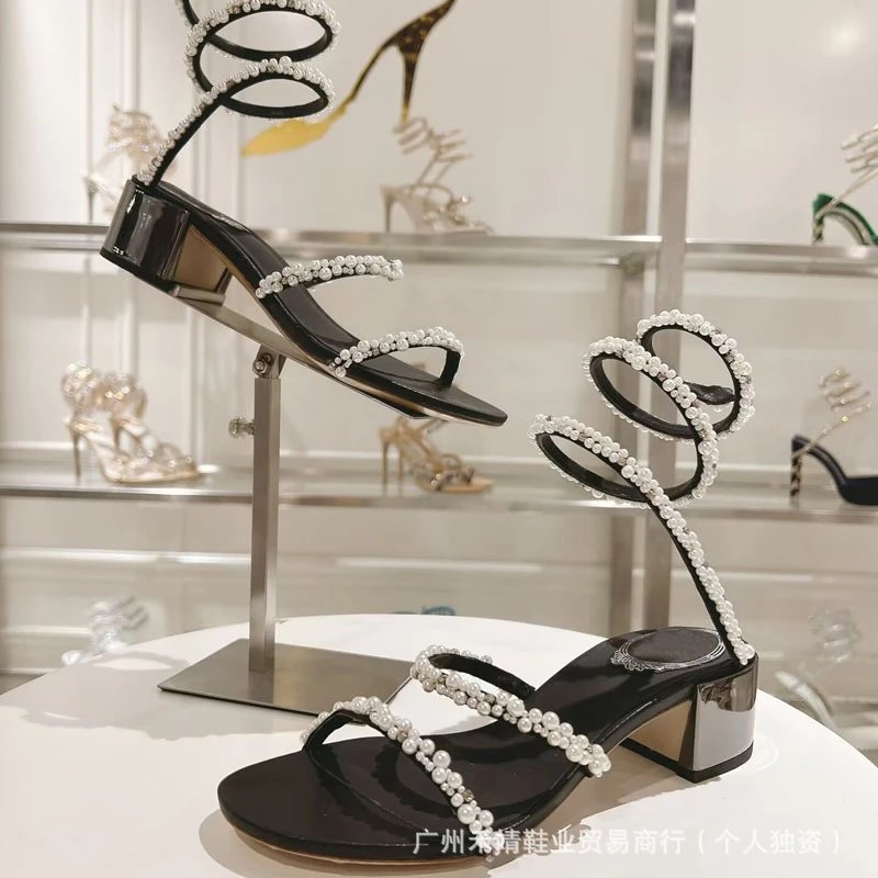 Pearl-Embellished Spiral Strap Block Heel Sandals Black - 8