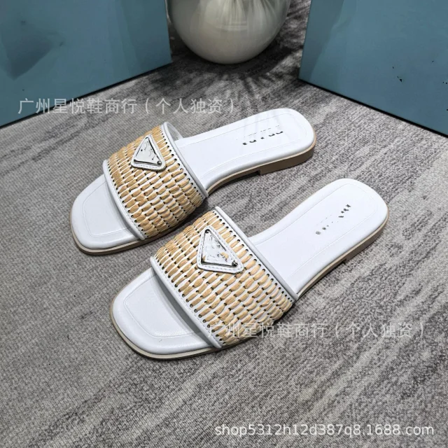 Prada Slippers Woven Strap Triangle Plaque Slide product detail image 4