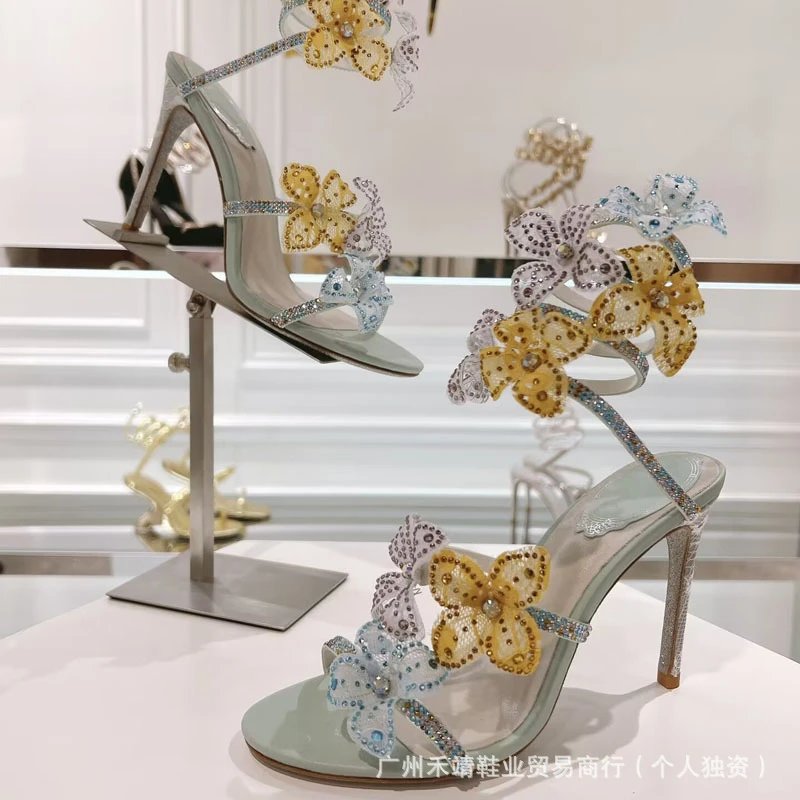 Custom Embellished Floral High-Heel Sandals in Mint Green with Crystal and Mesh Flowers - 5
