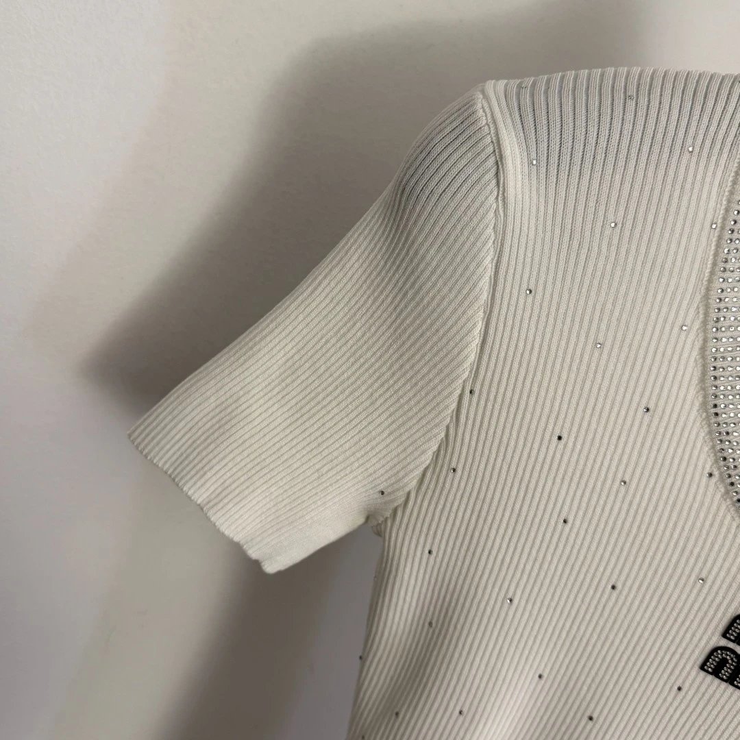 Miu Miu Embellished Ribbed Knit Crop Top White - 12