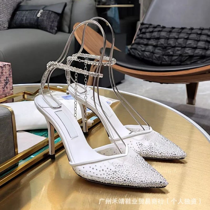 Crystal-Embellished Pointed-Toe Stiletto Heels Beige