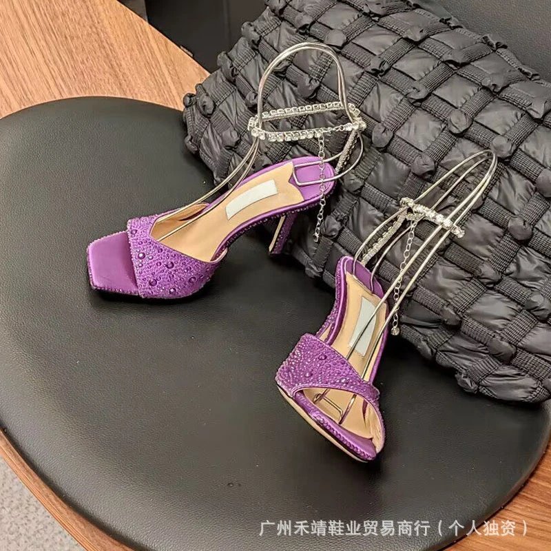 Design Pink Lace-Embellished Crystal Strap Block Heel Sandals - 3