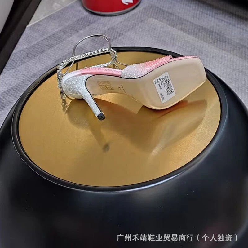Design Pink Lace-Embellished Crystal Strap Block Heel Sandals - 11