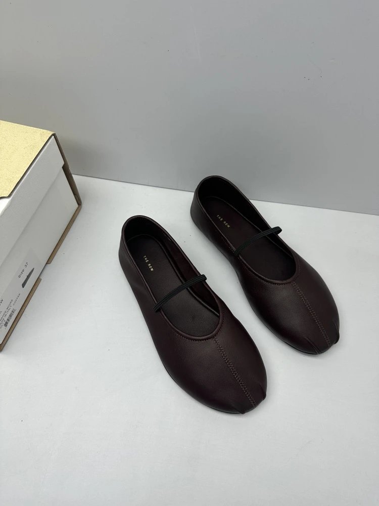 Brown Leather Mary Jane Flat Shoes - 5
