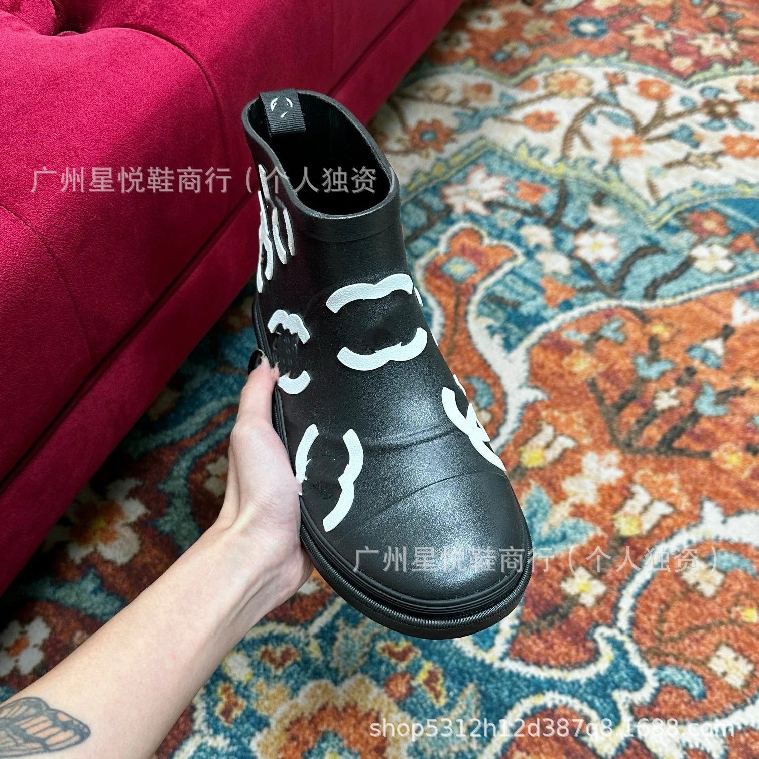 Chanel Rain Boots Black with White CC Logo Print Ankle Boots - 4