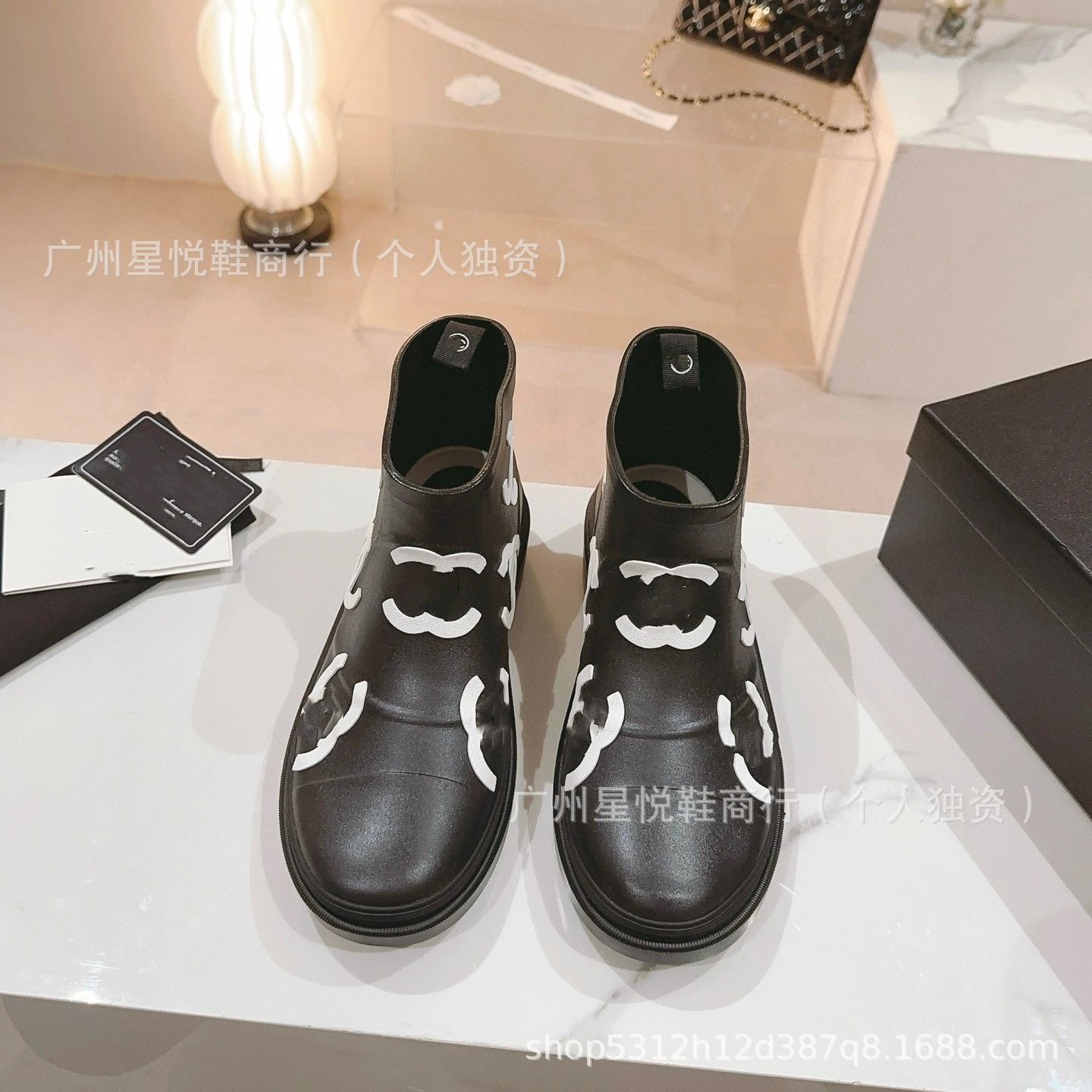 Chanel Rain Boots Black with White CC Logo Print Ankle Boots - 8
